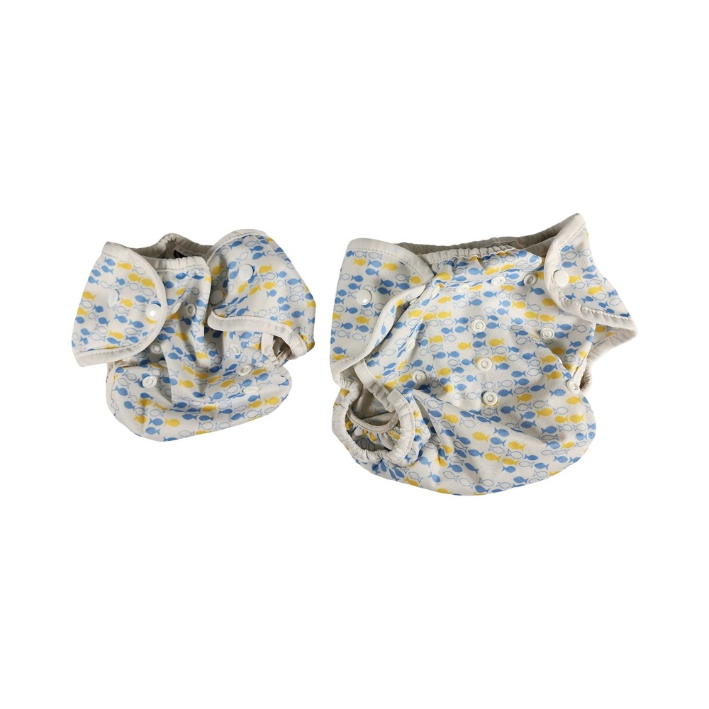 Thirsties Duo Wrap Cloth Diaper Covers Set Size 1 and 2 Blue Yellow Fish Print‎